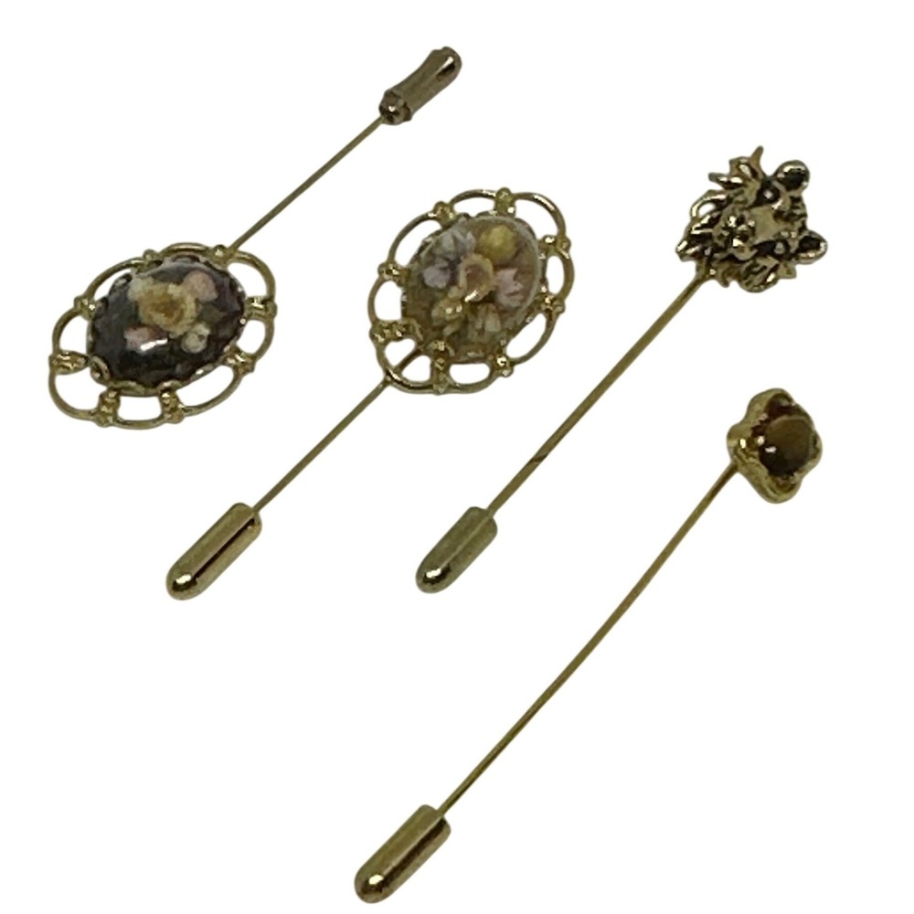 VTG Stick Pin Lot Gold Tone Floral Lucite Lion Tigers Eye Lapel Hat Pins‎ 4pc